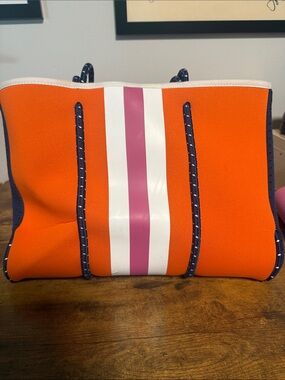 Tommy Bahama Orange Neoprene Tote with Pink and White Stripe